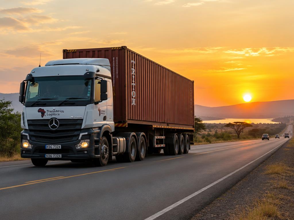 Container truck on an East African highway at sunset